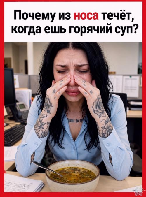 Почему из носа течёт, когда ешь горячий суп? 


