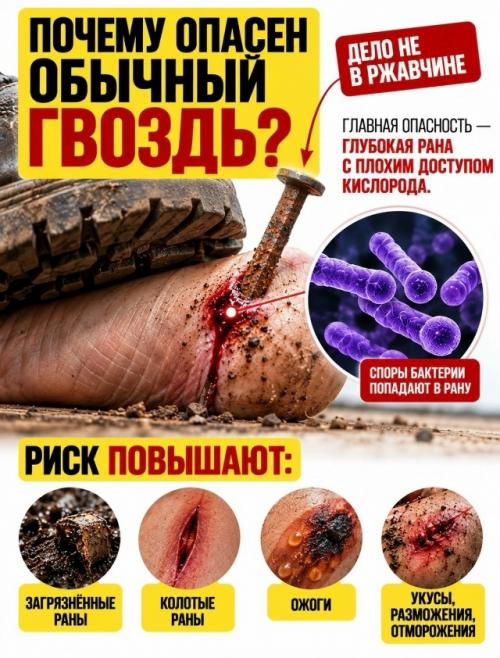 Столбняк многие до сих пор связывают с ржавыми гвоздями, но ржавчина сама по себе здесь вообще ни при чём. 04