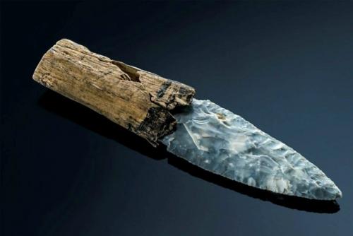 Каменный нож из неолита с деревянной ручкой, его возраст чуть менее 5 тысяч лет. 
