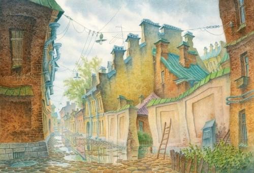 Серия аквapелей Владимира колбасова с его видением Петербурга. 04