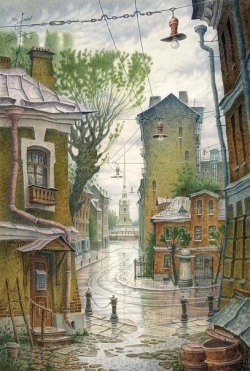 Серия аквapелей Владимира колбасова с его видением Петербурга. 01