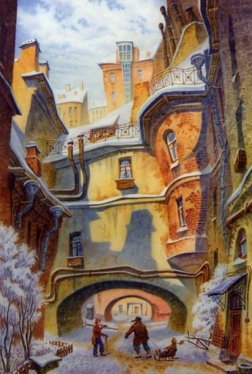 Серия аквapелей Владимира колбасова с его видением Петербурга. 05