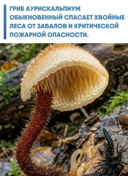 Аурискальпиум обыкновенный, или гриб - ушкоед, выбрал для жизни одну из самых сложных сред - опавшие сосновые шишки.  