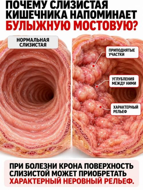 На верхней фотографии показан один из самых узнаваемых признаков болезни крона - так называемая Булыжная Мостовая слизистой кишечника. 01