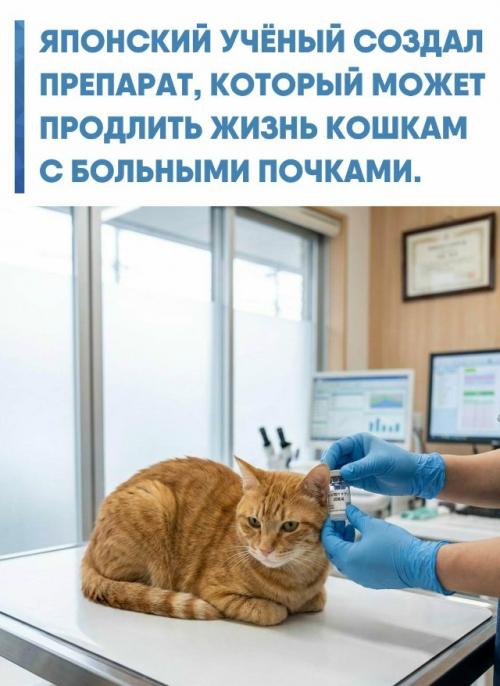 В Японии представили экспериментальное лекарство для кошек с хронической болезнью почек - одной из самых частых причин гибели домашних питомцев. 

