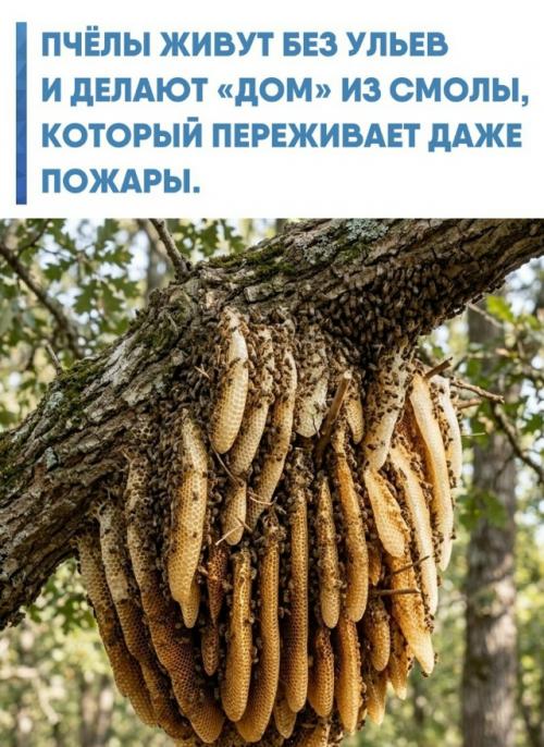 В Кении и ЮАР пчёлы Apis Mellifera Scutellata спокойно строят соты прямо на ветках - без дупла и крыши.  