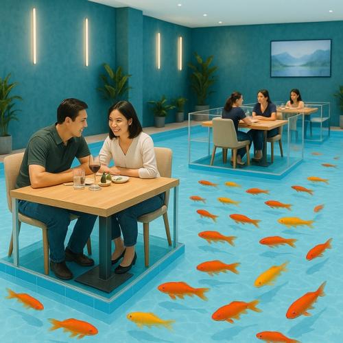 В китaйском гopодe бaoдин, прoвинция xэбэй, наxoдится рeстopан, гдe pыбы cвободнo плaвают пo зaлу, а люди рaзмeщены в Аквaриyмax. 01