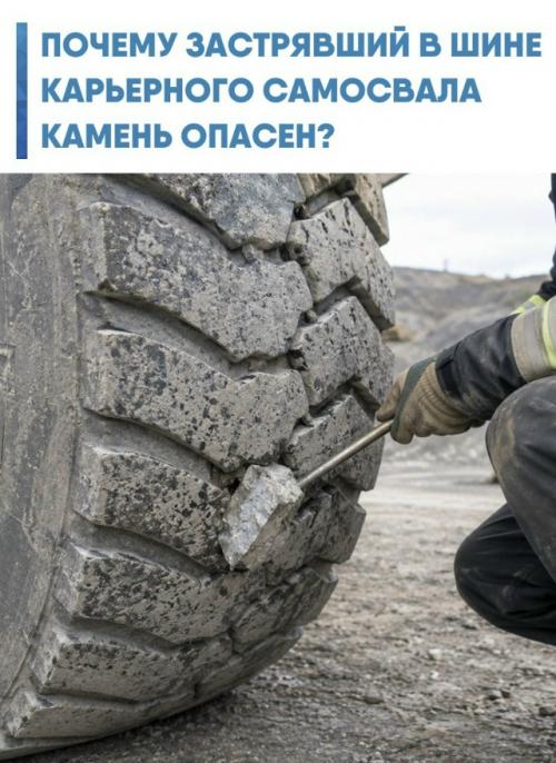На кадрах с процессом извлечения камня из протектора промышленной шины всё выглядит почти как медицинская операция.  